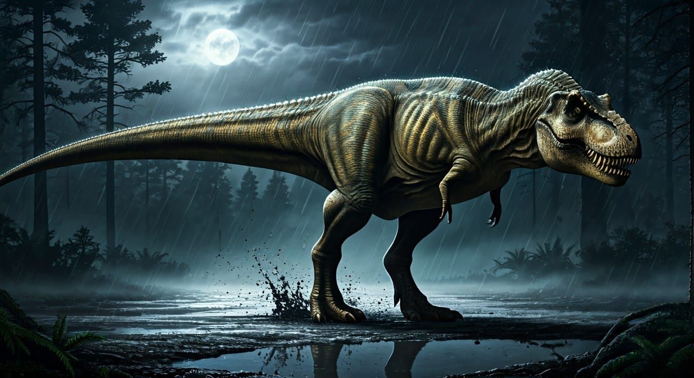 Majestic T-Rex Walks Under Thunderstorm Moonlight, Forest Fl...