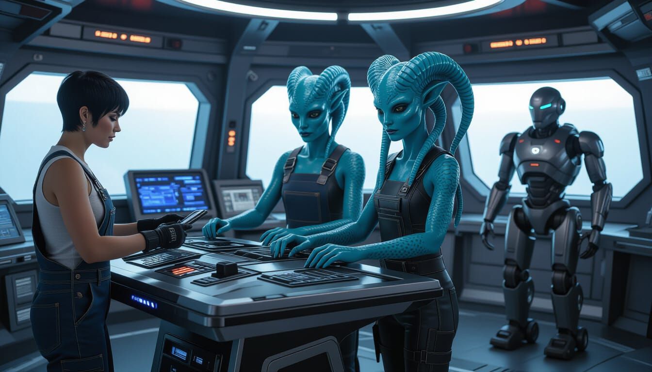 Spaceship Crew: Mechanic, Alien Pilot, Robot on Deck