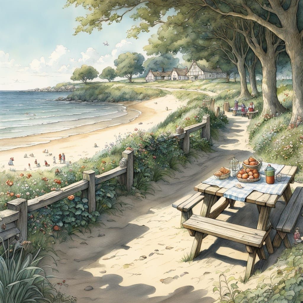 Idyllic Beach Picnic: Brambly Hedge Pencil Drawing