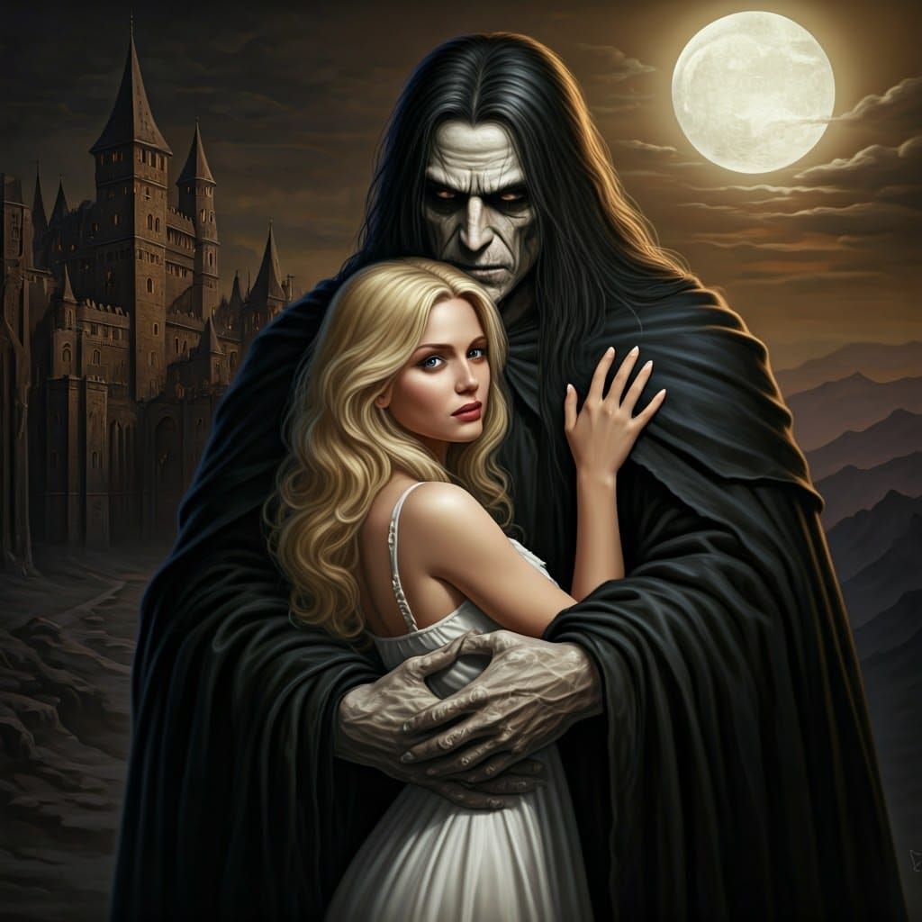 Gothic Embrace in Ancient Castle, Dramatic Lighting