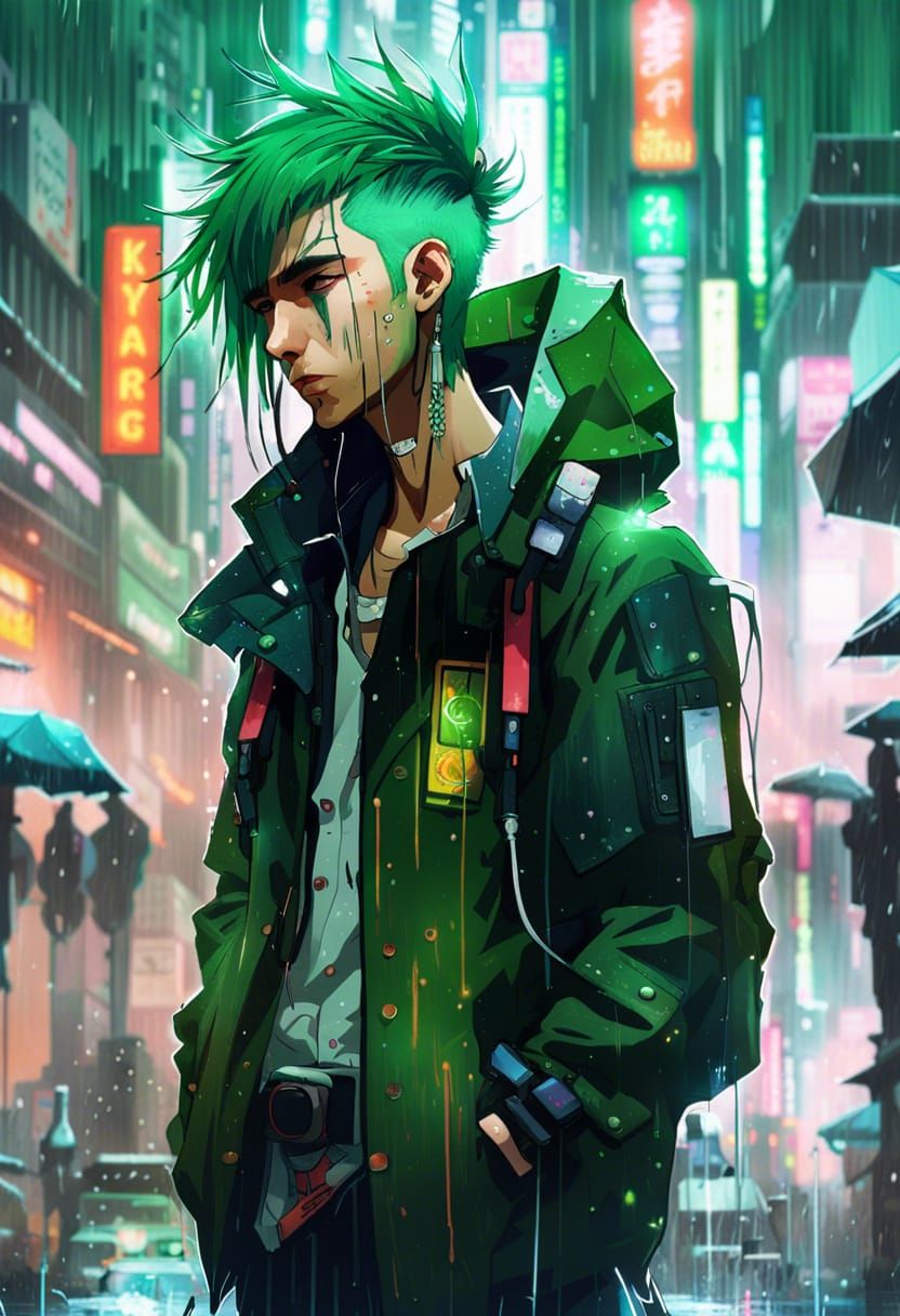 Green-Haired Cyberpunk Man in Heavy Rain
