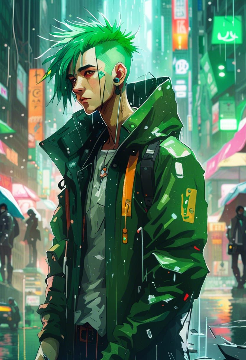 Green-Haired Man in Cyberpunk Rain, Anime Style