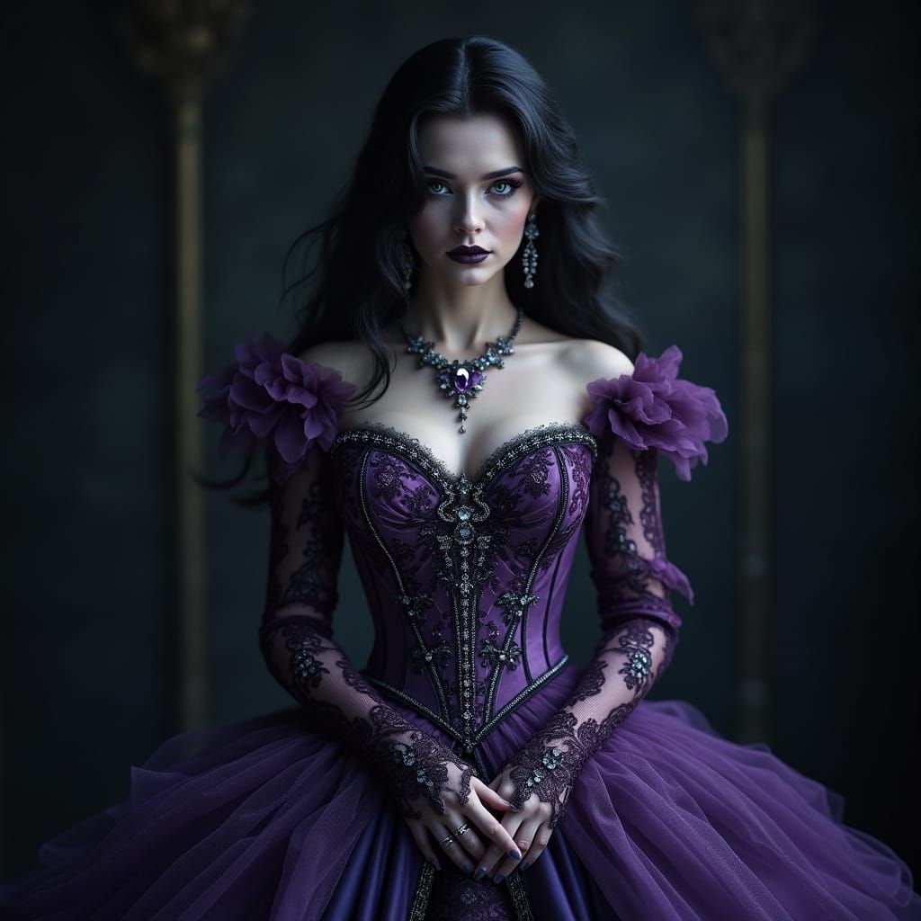 Gothic Bride in Exquisite Purple and Blue Wedding Gown