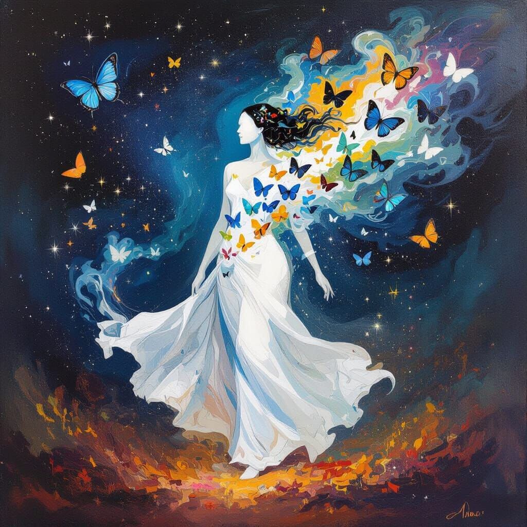 Abstract Figure Dissolving into Butterflies in Cosmic Dreams...