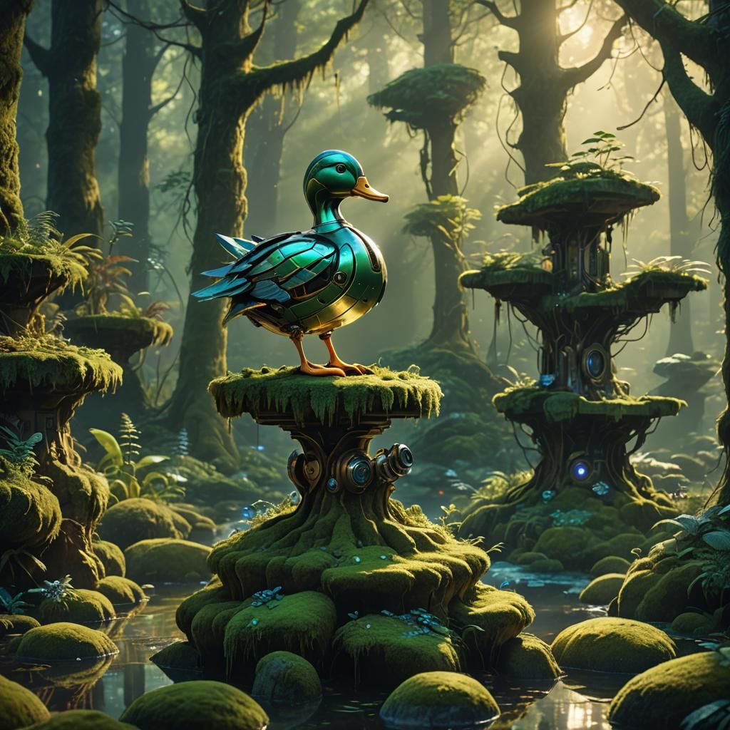 Robot Duck in Mystical Forest Concept Art