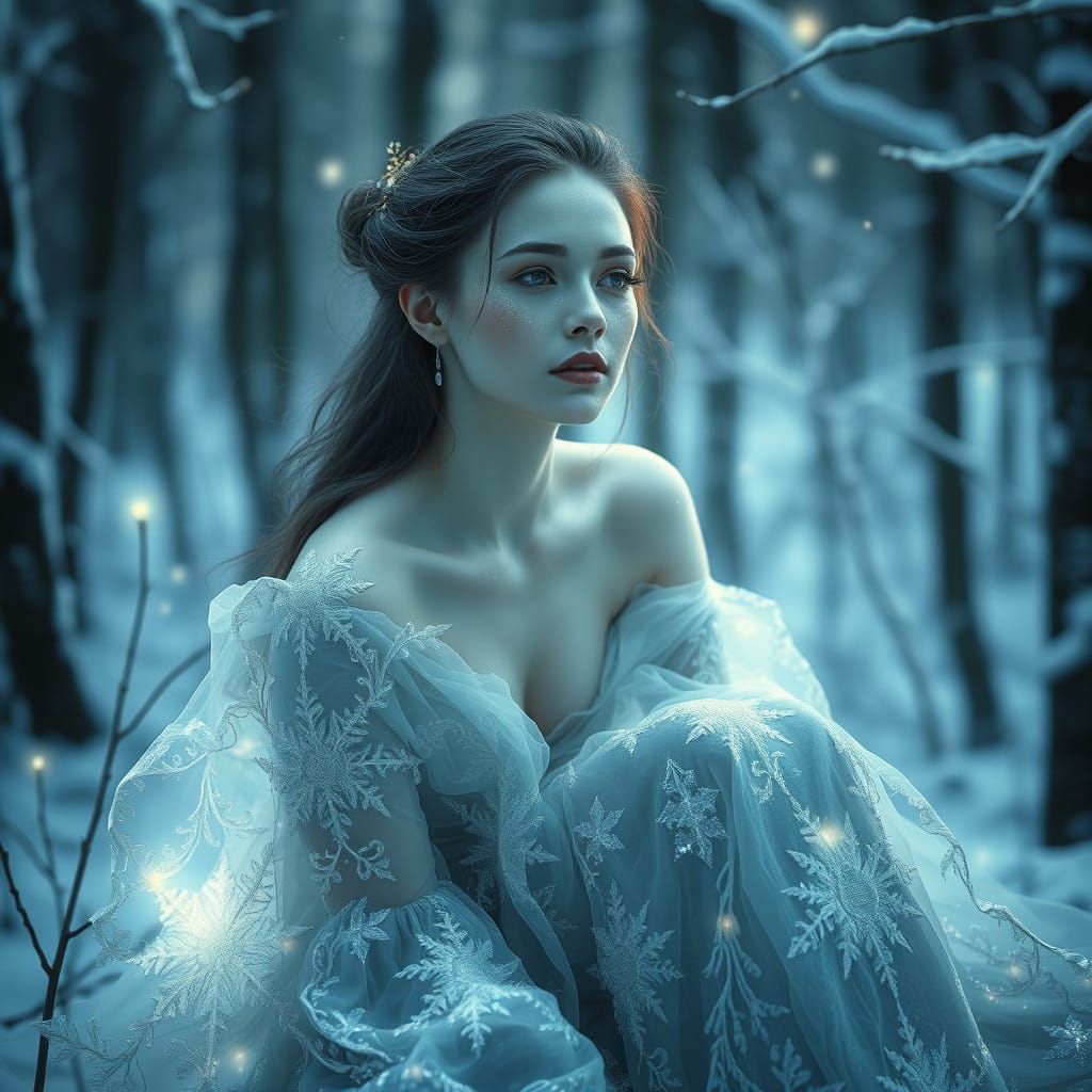 Ethereal Woman in Icy Forest with Frosty Gown