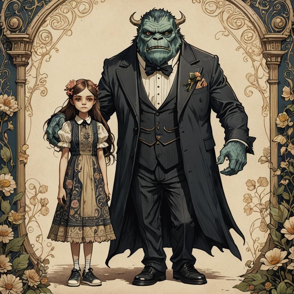Monster in Tuxedo with Boho Girl, Art Nouveau Style