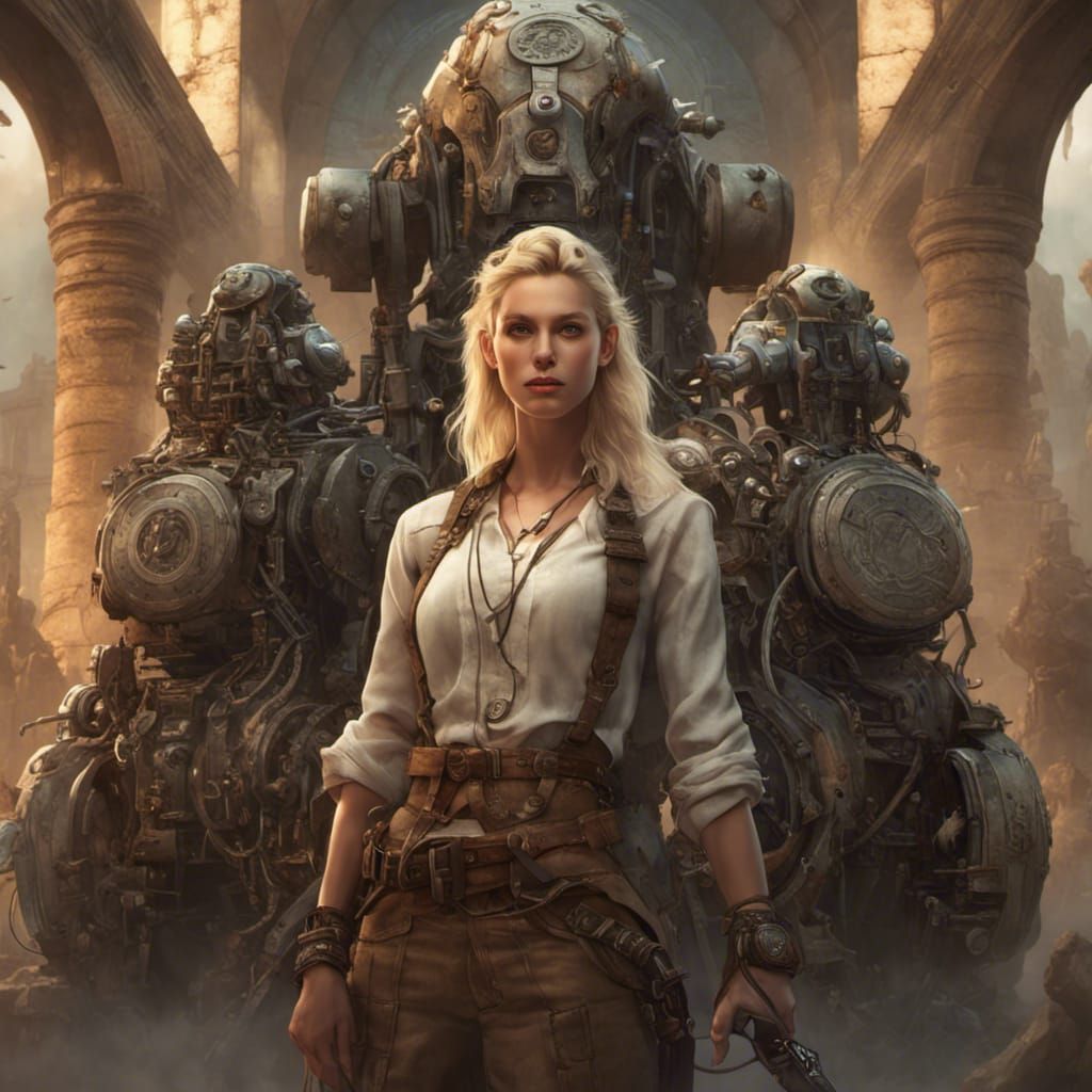 Archeologist in Ancient Machine World: Dark Fantasy Art