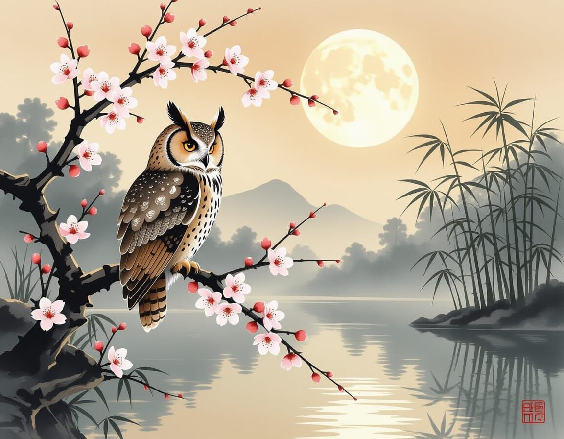 Owl in Blossoms by Moonlit Lake: Chinese Ink Painting