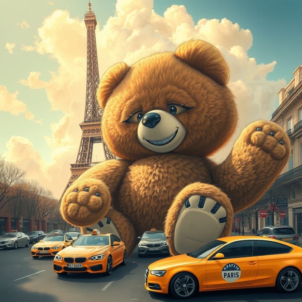 Giant Teddy Bear Rampage in Paris, Surrealist Style