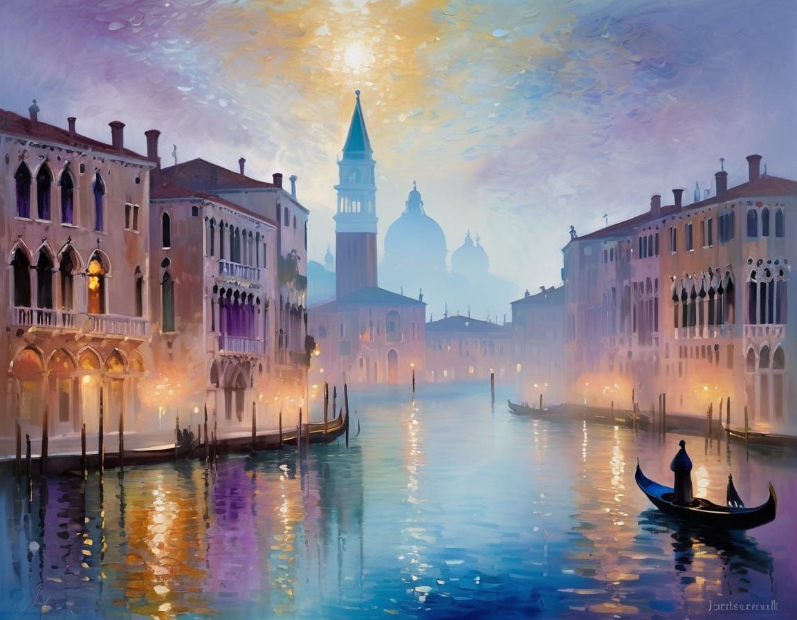 Misty Venice Dawn in Impressionistic Oil Style