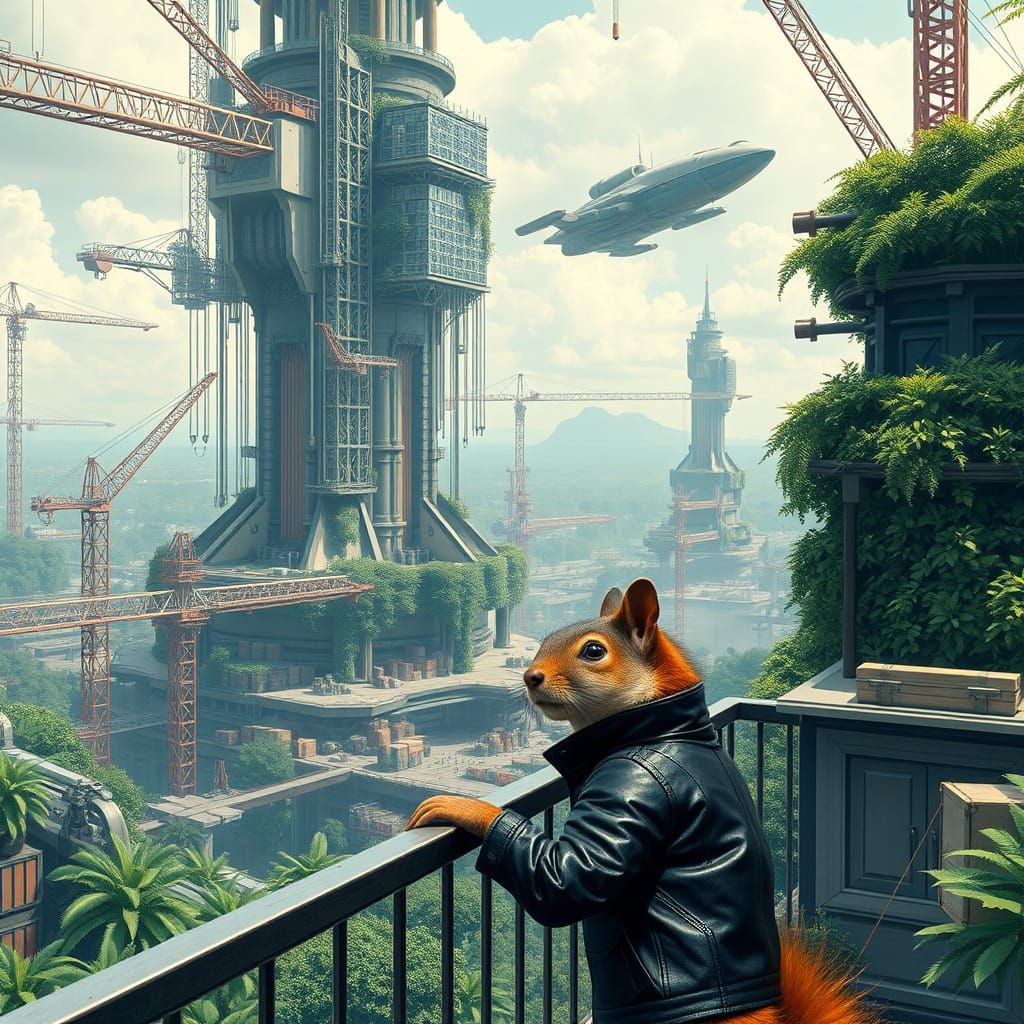 Sci-Fi Arcology with Squirrel Overlooking Spaceship