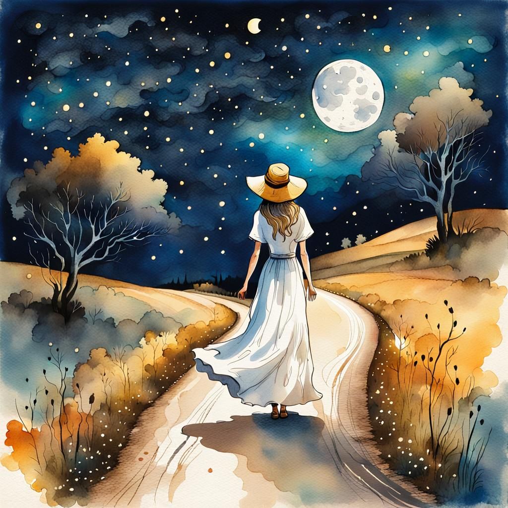 Lonely Wanderer Under Tuscan Stars in Art Nouveau Style