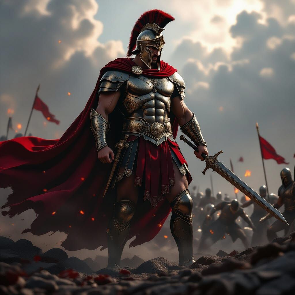 Greek God Ares in High-Fashion Armor on Battlefield