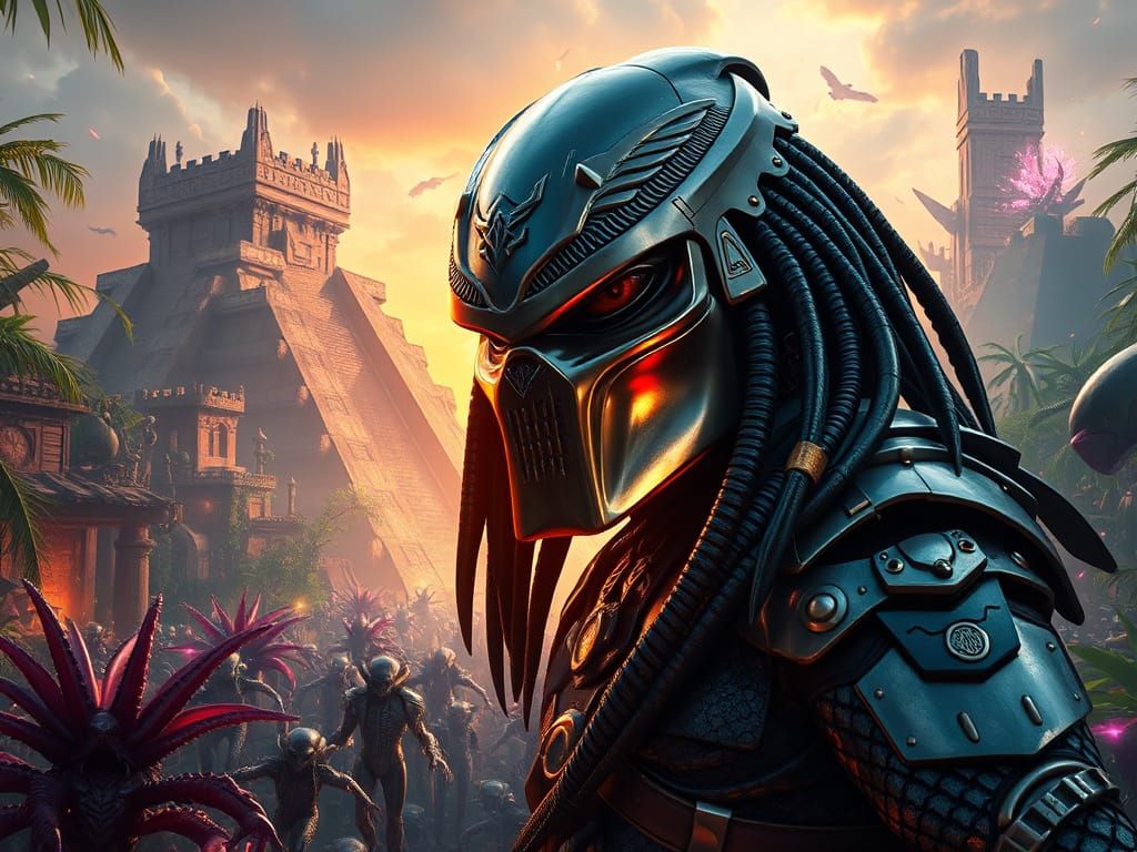 Cybernetic Predator Battles Xenomorphs in Steampunk Mayan Te...