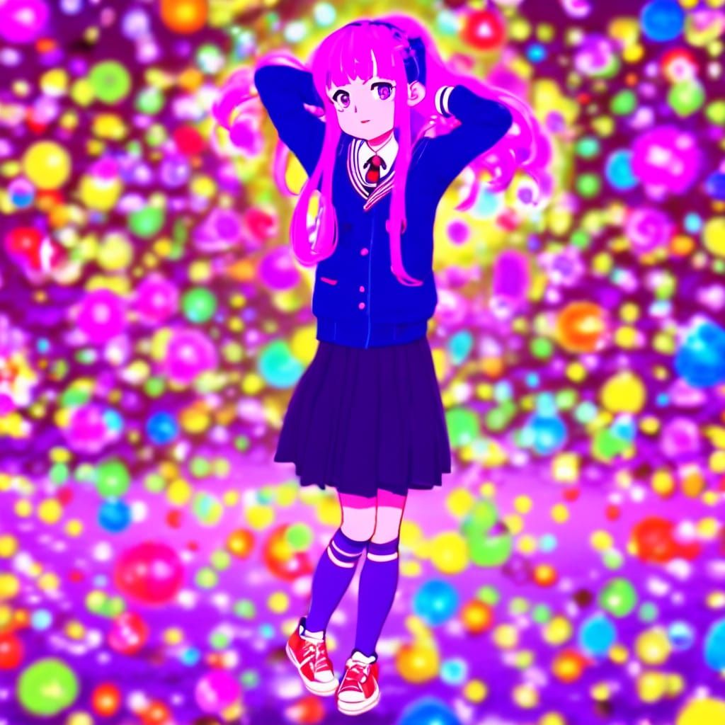 Anime Girl with Purple Hair and Magenta Eyes in School Unifo...