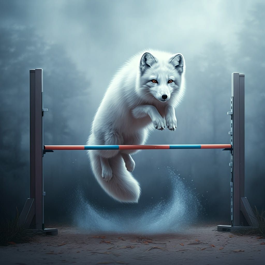 Arctic Fox in Mid-Air Jump, High Contrast Hyper-Realism