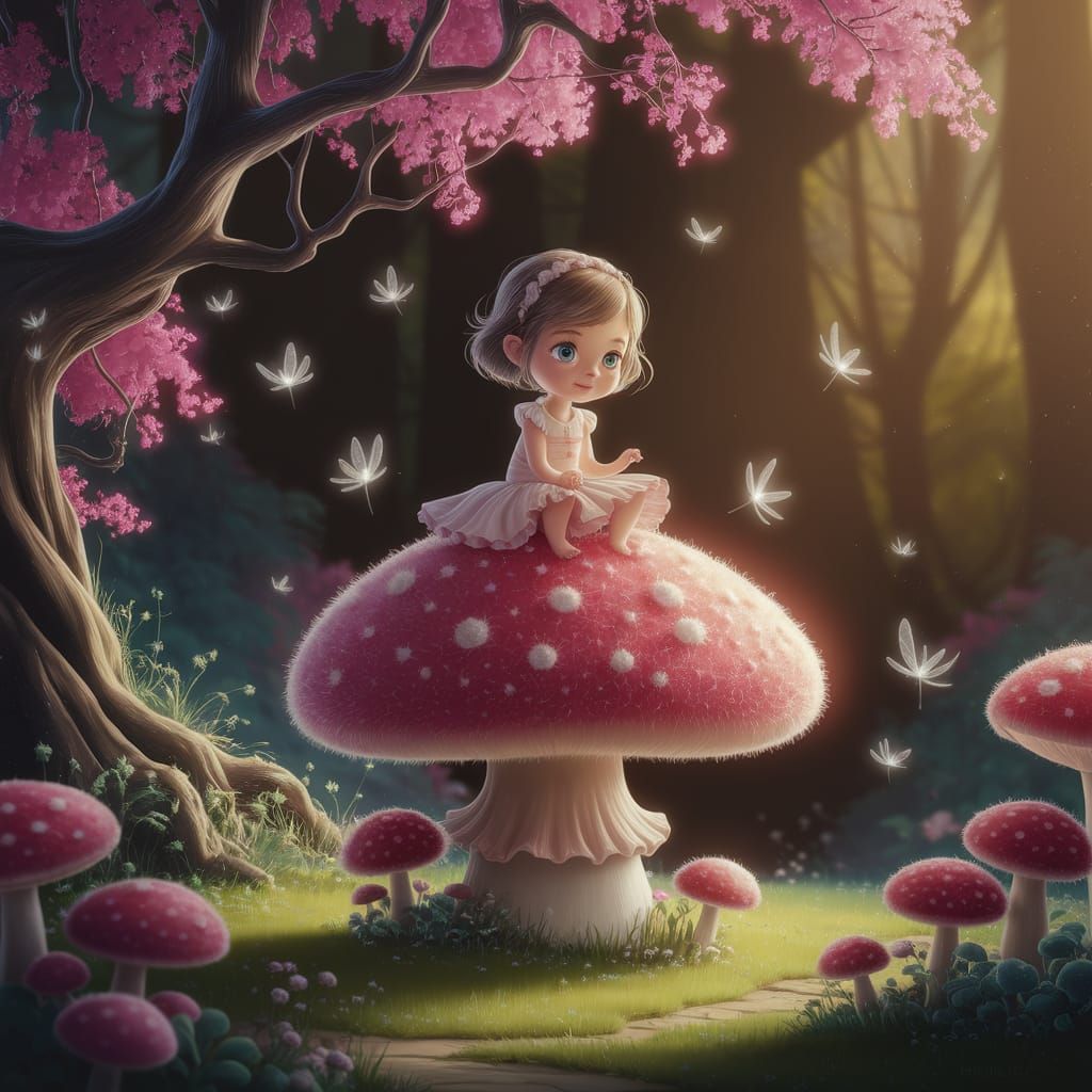 Girl on Giant Mushroom Surrounded by Fireflies in Impression...