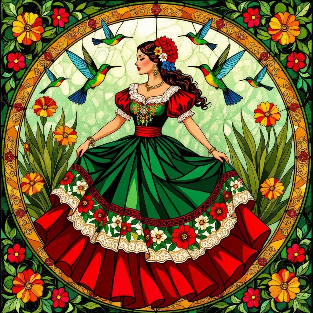 Tiffany Style Stained Glass of Woman in China Poblana Dress