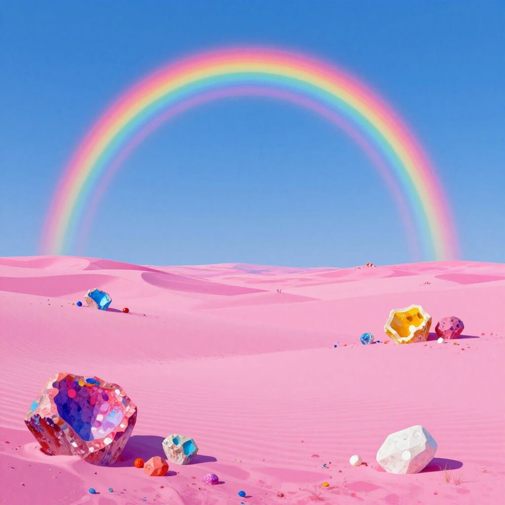Pink Sand Beach with Rainbow and Crystal Accents