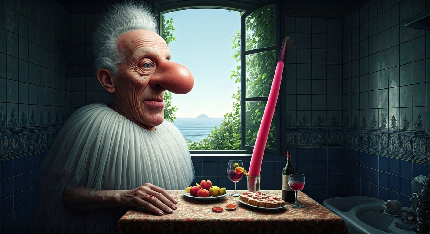 Surreal 70s Portrait: 100-Year-Old Discobolus with Exaggerat...