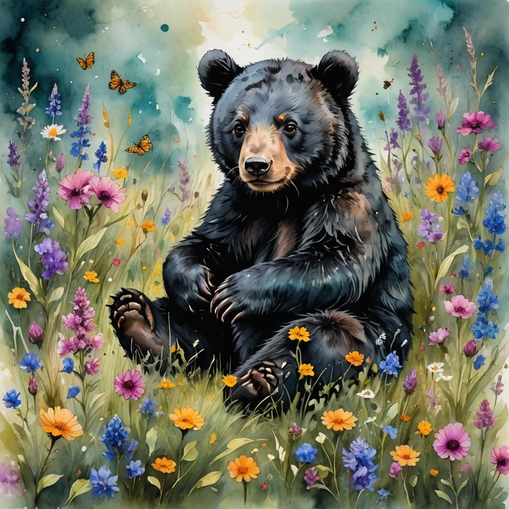 Adorable Bear Cub in Wildflower Field, Watercolor Style
