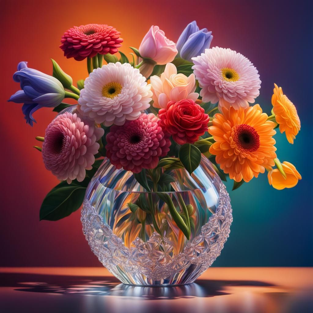 Hyperrealistic Bouquet in Crystal Vase: Splash Art