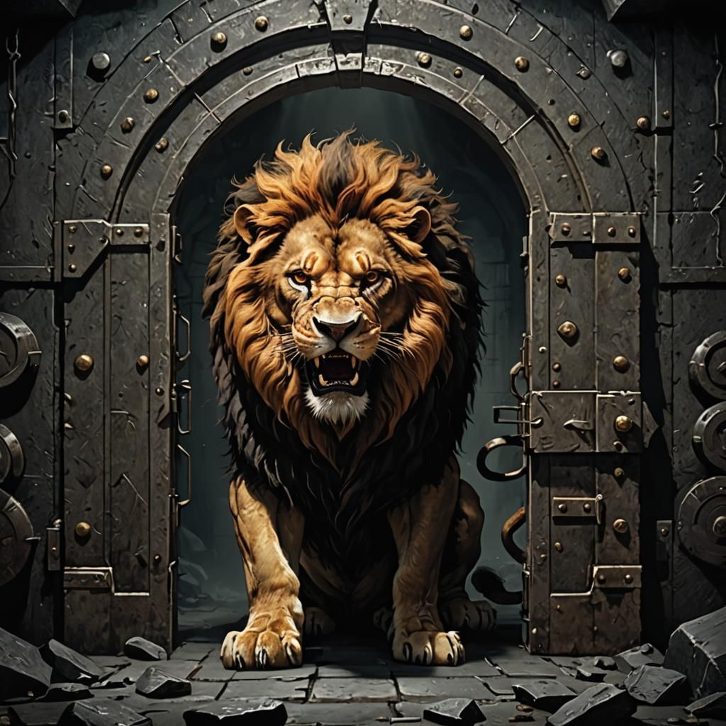 Angry Lion Trapped in Dark Vault