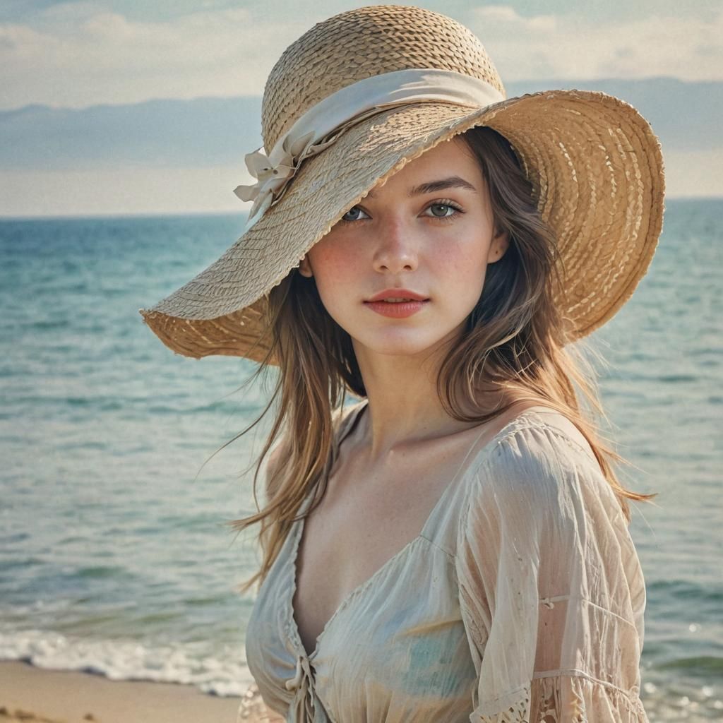 Ocean View Girl in Art Deco Watercolor Style