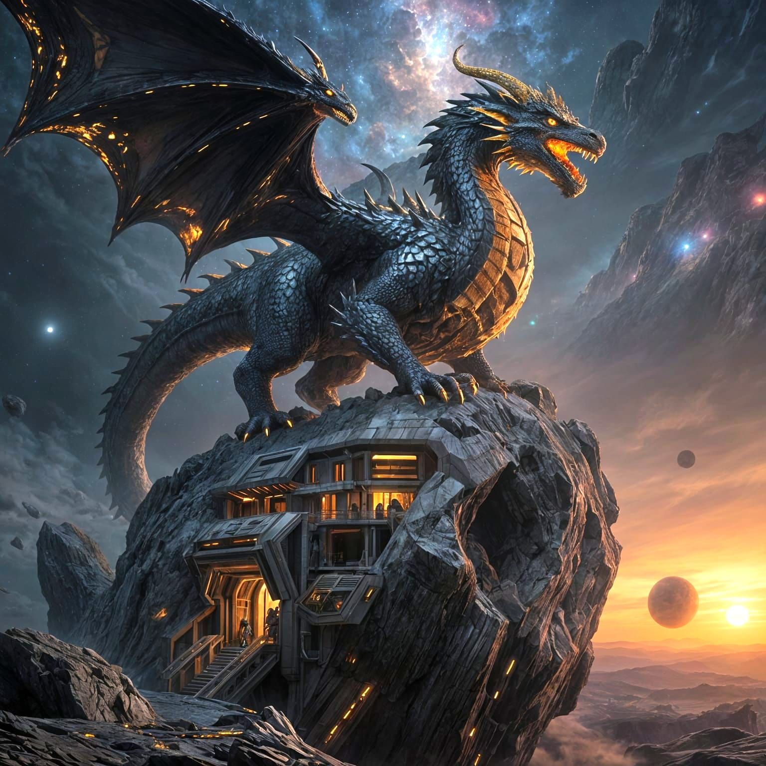 Ancient Dragon on Futuristic Asteroid Dwelling
