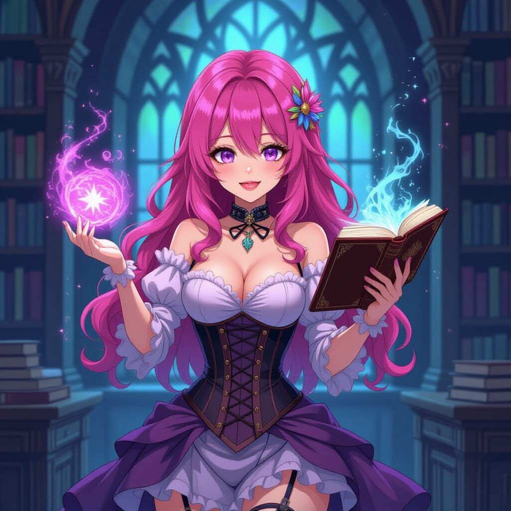 Enchanting Gothic Study with Pink Haired Sorceress