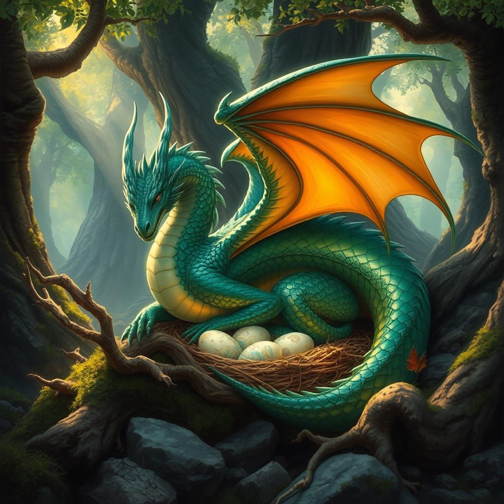 Majestic Dragon Guards Ancient Forest Nest