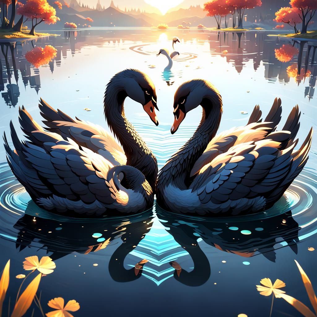 Black Swans Form Heart in Futuristic Anime Style