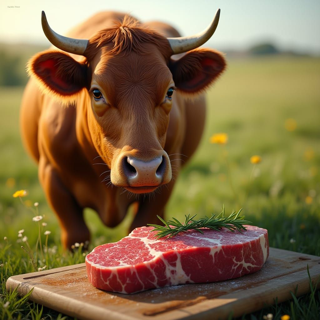 Stunning Cow in Lush Pasture with Raw Steak and Arabic Logo