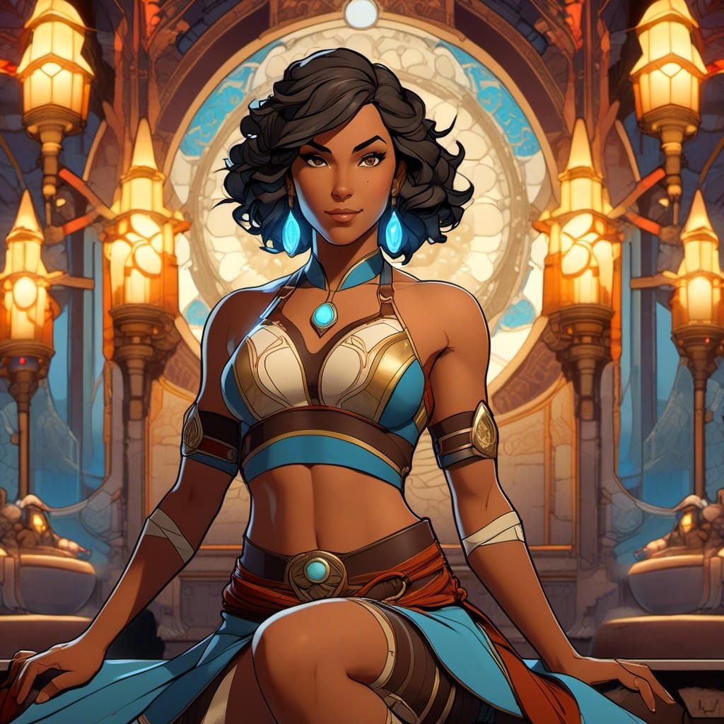 Muscular Harem Woman with Glowing Lights, in Art Nouveau Sty...