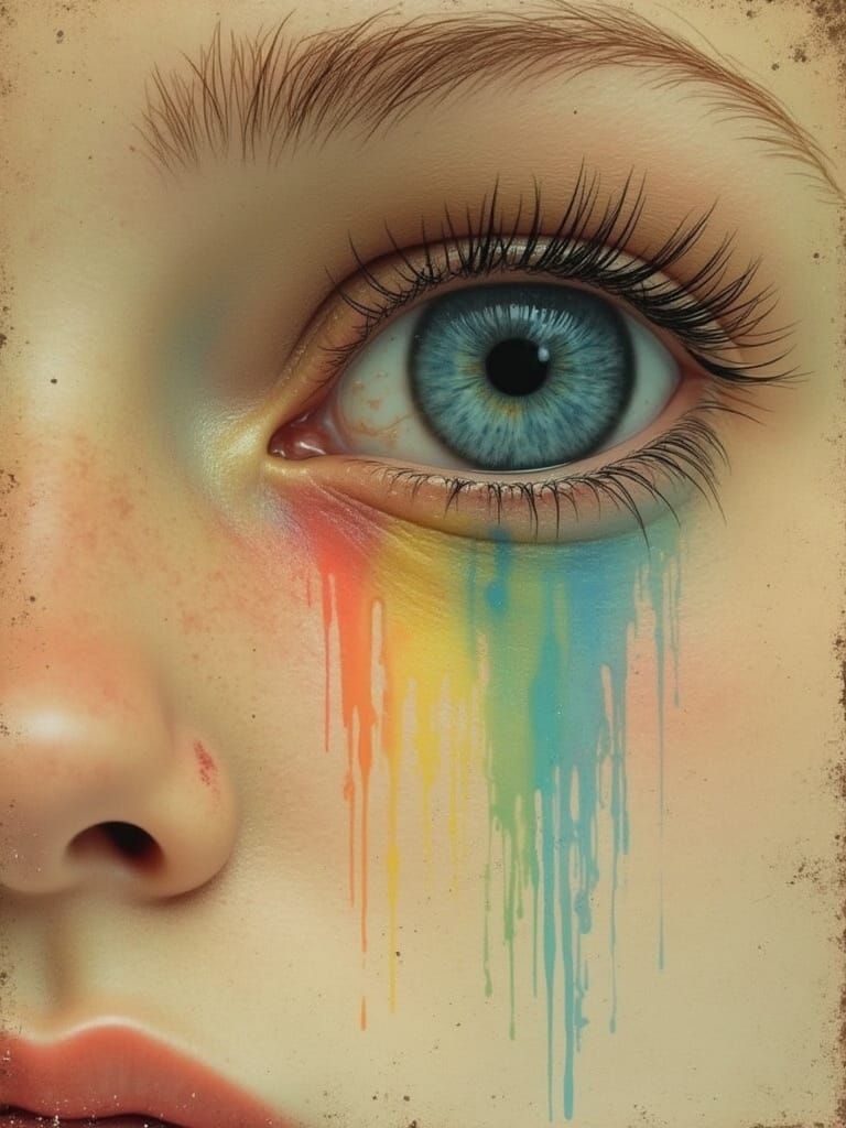 Rainbow Tears Flow Through a Vintage Face