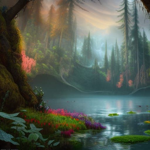 Flowers in Forest Lake: Fantasy Concept Art