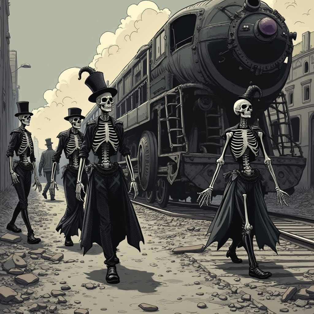 Skeletal Circus Performers in Cartoon Style Wreckage