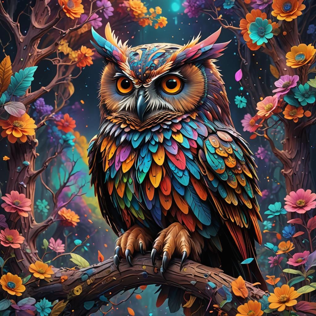 Colorful Trippy Owl: Detailed Matte Painting