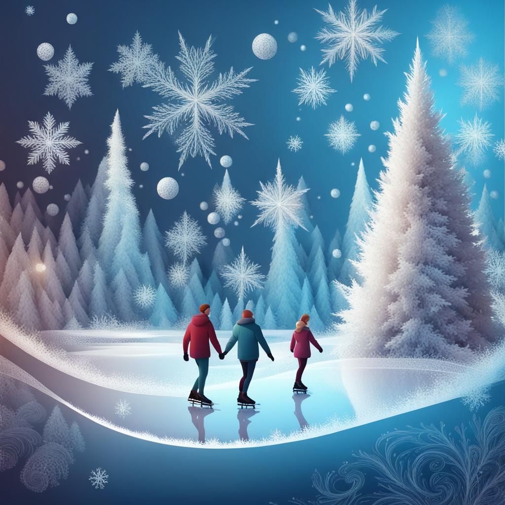 Festive Frozen Lake Ice Skating Scene