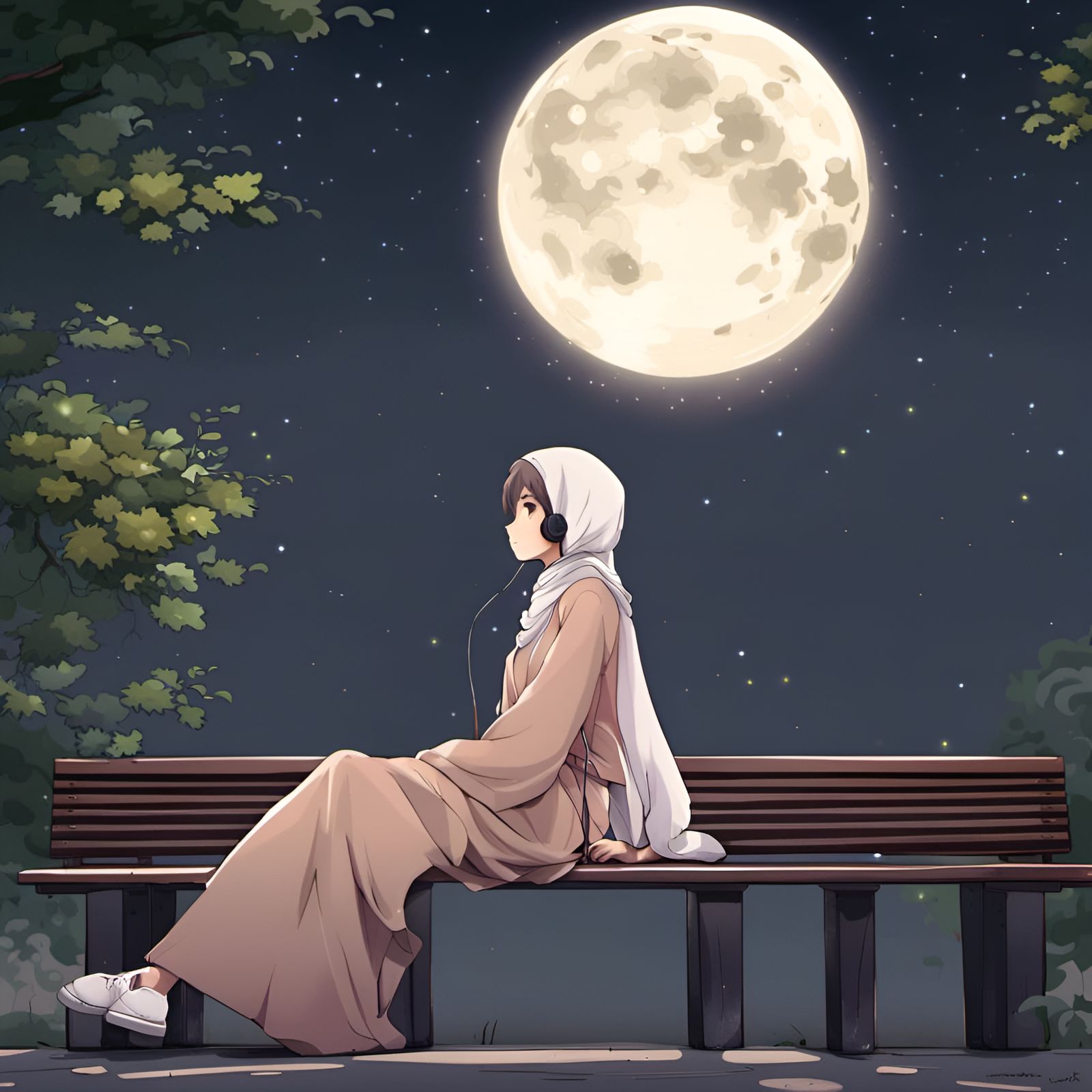 Anime Style Hijabi Girl Moon Gazing at Night