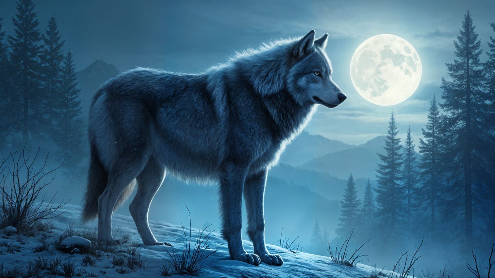 Majestic Wolf on Snowy Hill in High-Fantasy Style