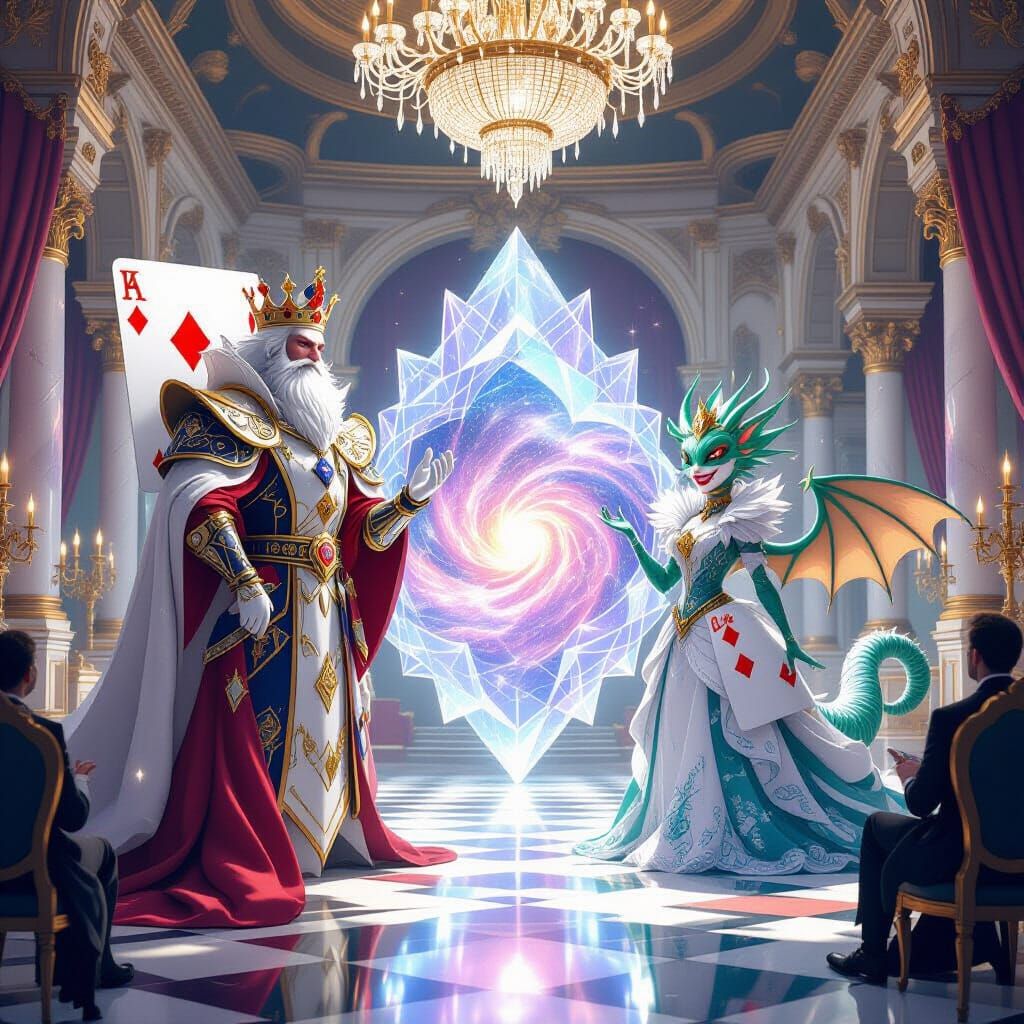 Royal Court Made of Giant Playing Cards in Ethereal Ballroom