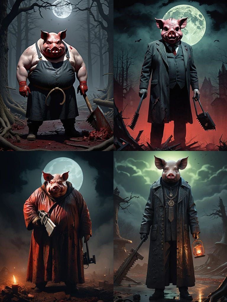 Fat Figure in Gothic Pig Mask Wields Chainsaw in Fantasy Art