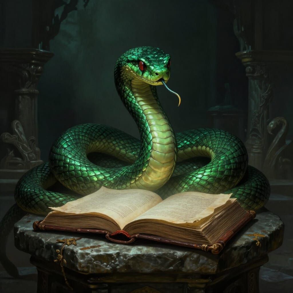 Serpent on Altar with Ancient Book in Dark Fantasy Style