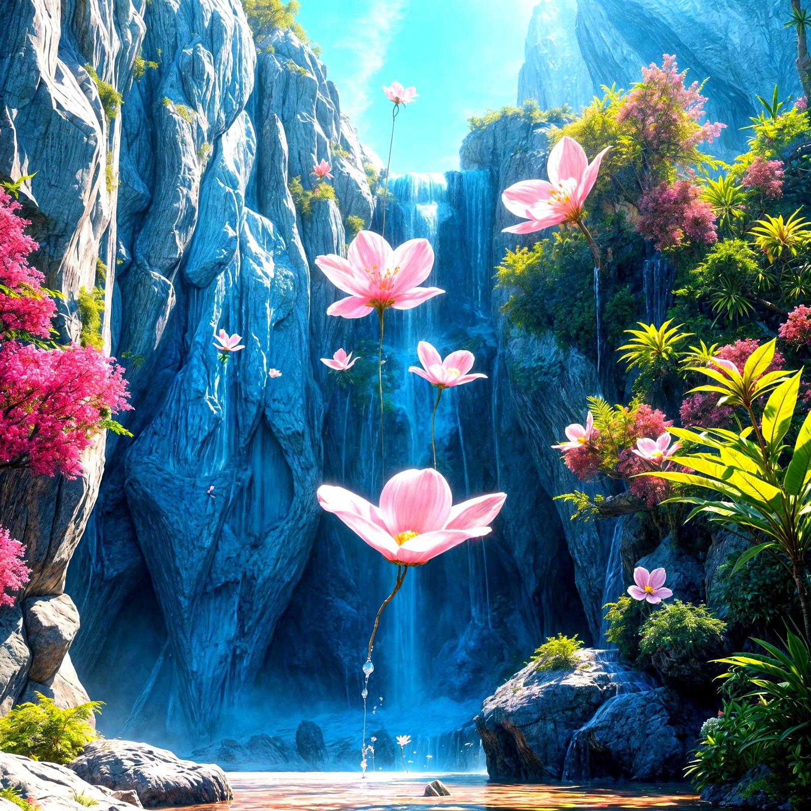 Glass Waterfall Sculpture with Pink Flowers