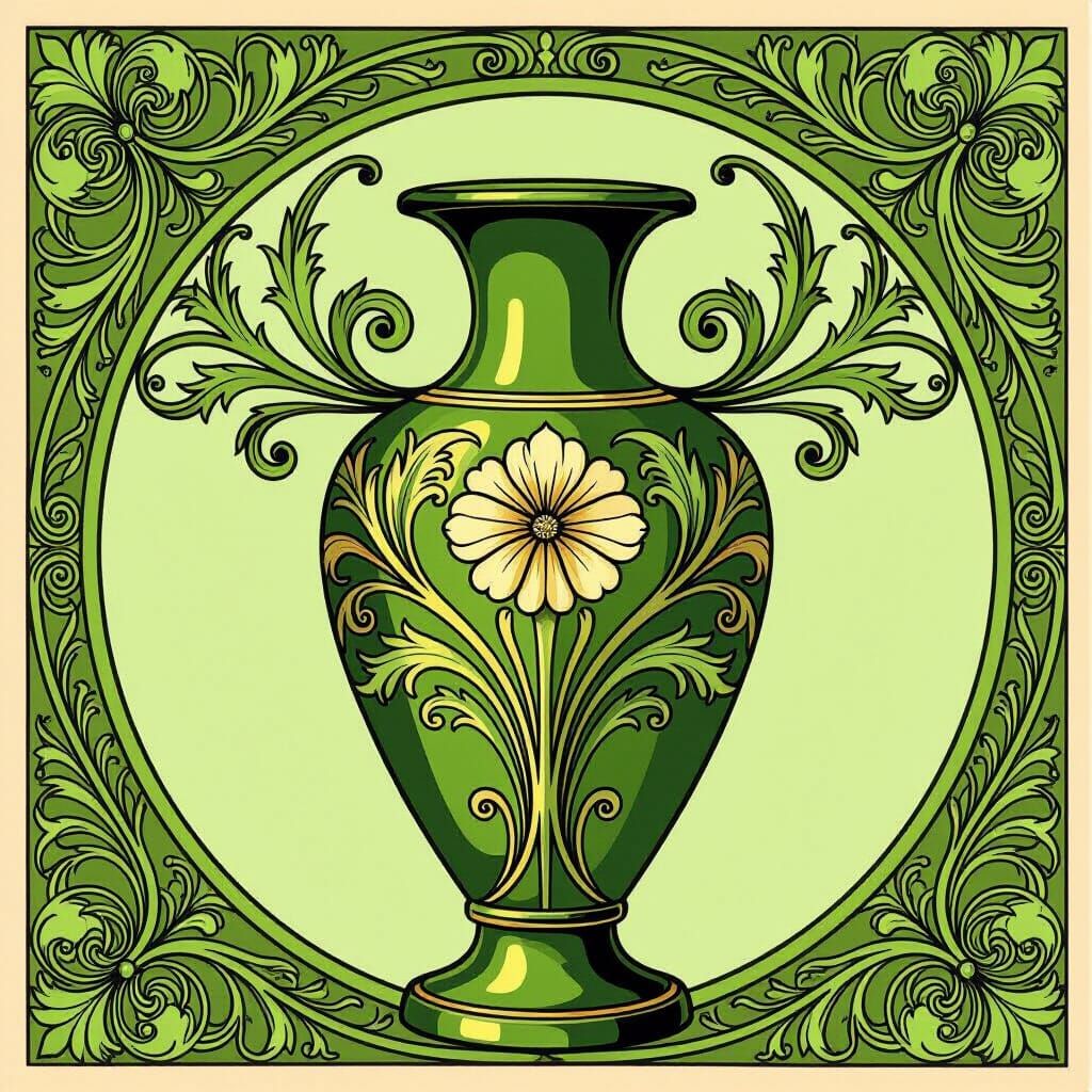 Art Nouveau Green Vase on Solid Background