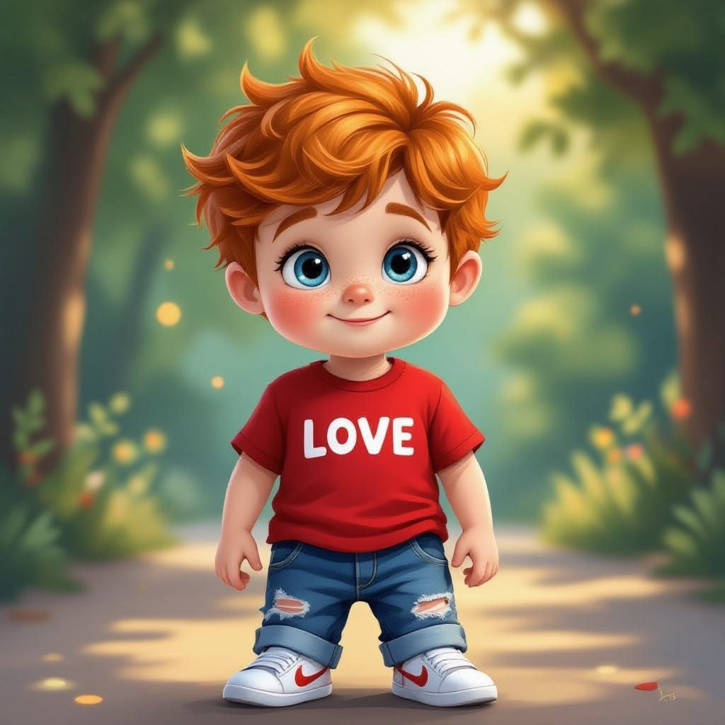 Young Boy with Ginger Hair and Blue Eyes in Casual Outfit