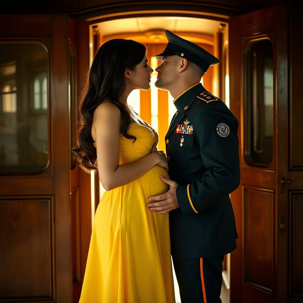 Radiant Woman Kisses Soldier at Train Station in Warm Golden...