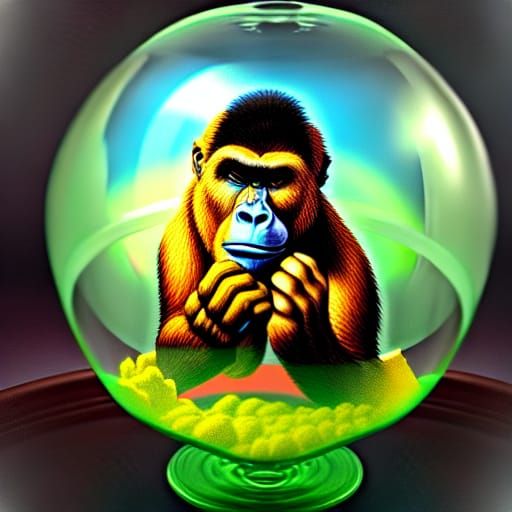 Cartoon Stoner gorilla loves marijuana by Michael Cheval airbrush 3d shading, cinematic, glossy, hdr, gorilla holding ma...